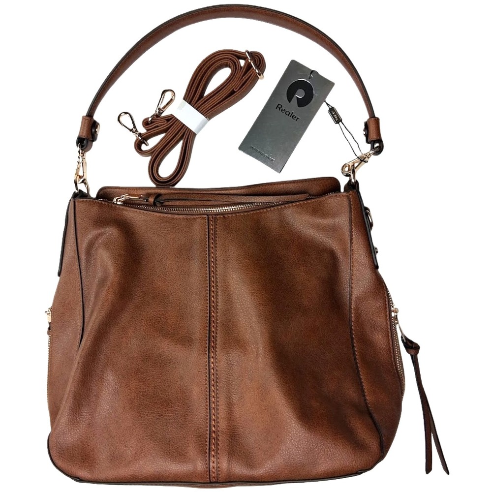 Realer Brown Faux Leather Hobo Shoulder Bag Side Pockets Extra Strap Zip NWT